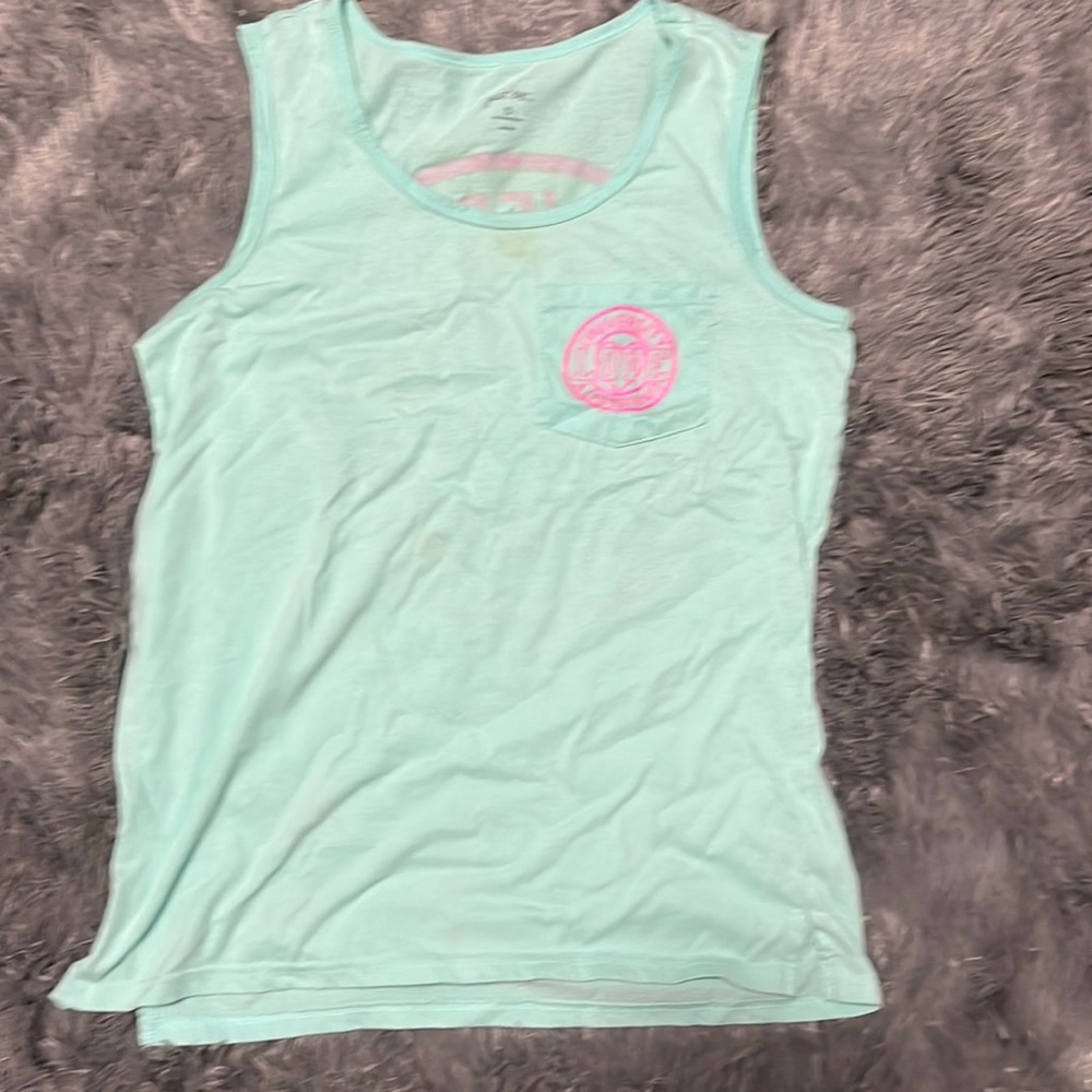 bright blue and pink tank top.